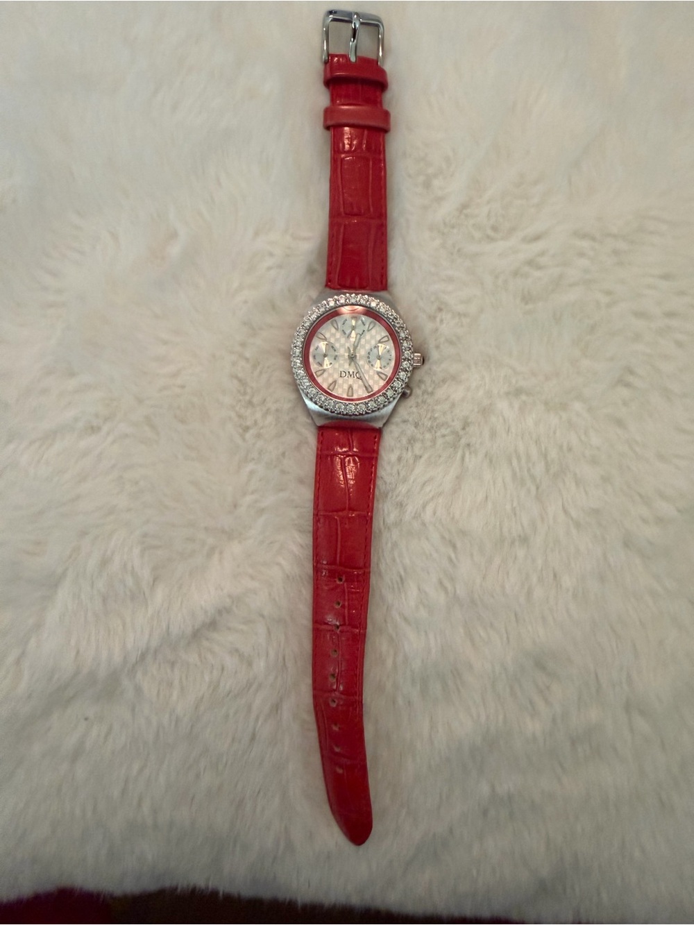 Diamonique Red Crystal Bezel Watch with Red Leather Strap